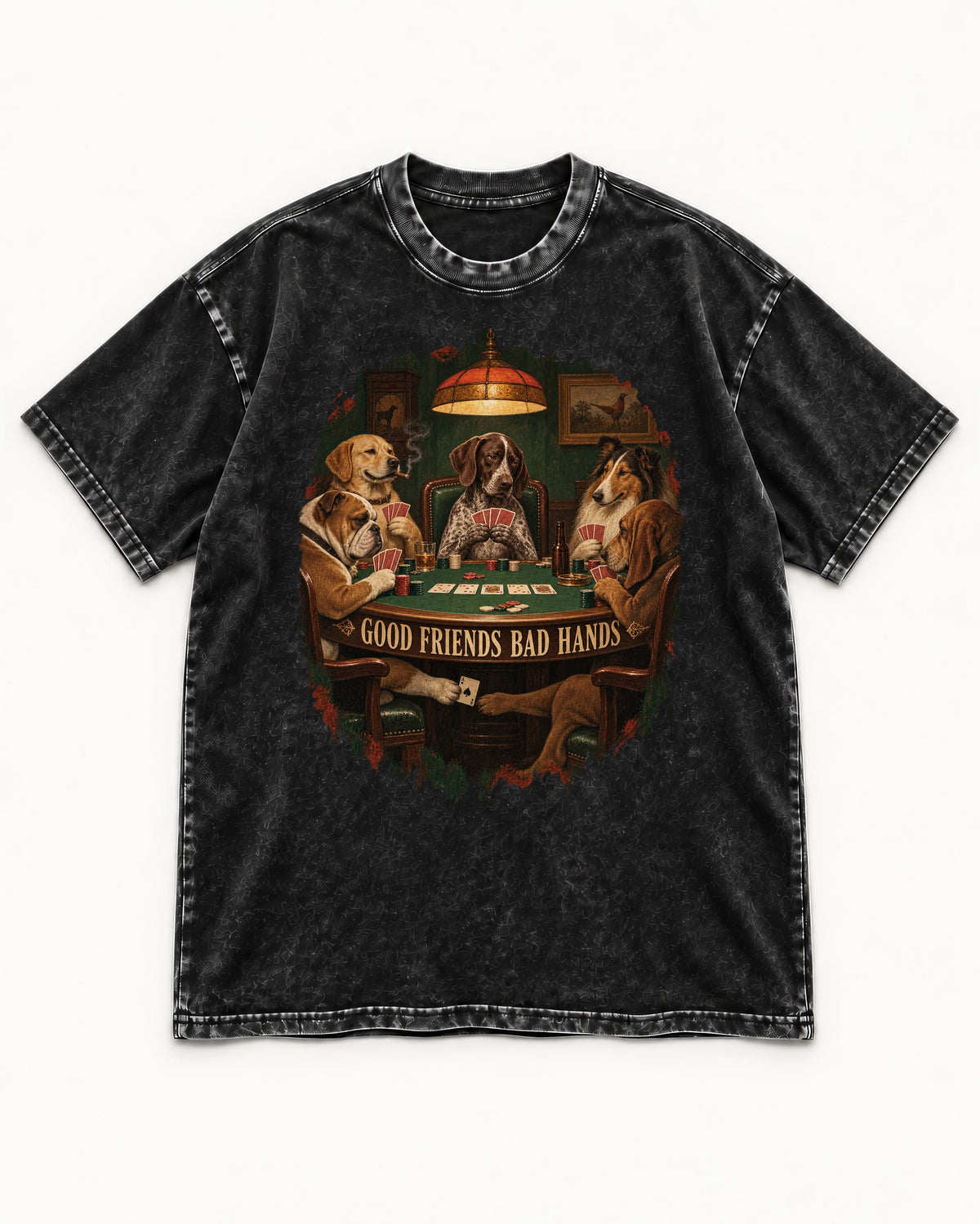 German Shorthaired Pointer Good Friends Bad Hands Poker Night Graphic Washed Tee in Black, flat lay product photo