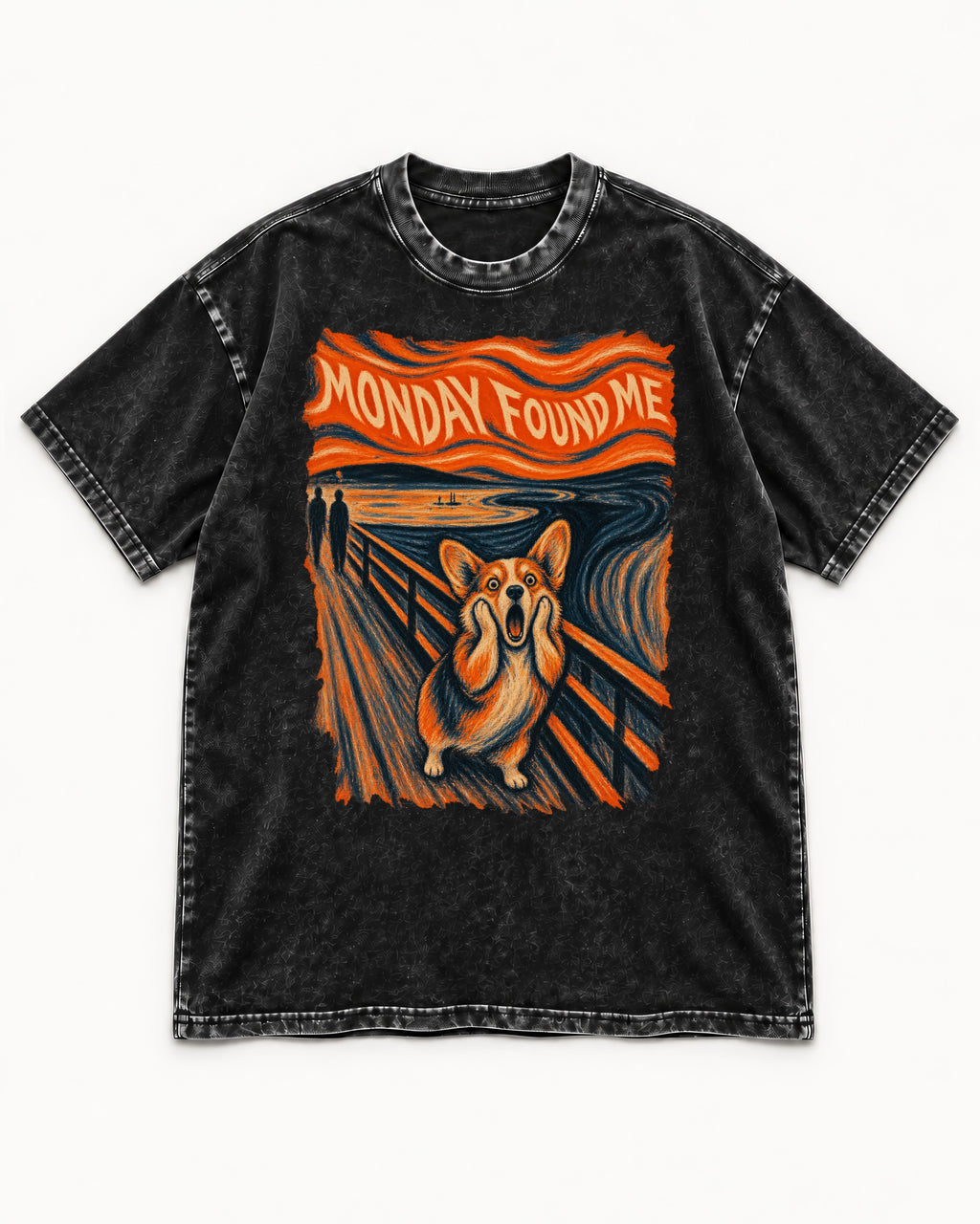Corgi Monday Found Me Scream Banner Washed Tee in Black, flat lay product photo
