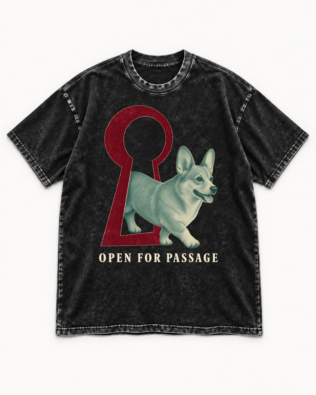 Corgi Open for Passage Keyhole Graphic Washed Tee in Black, flat lay product photo