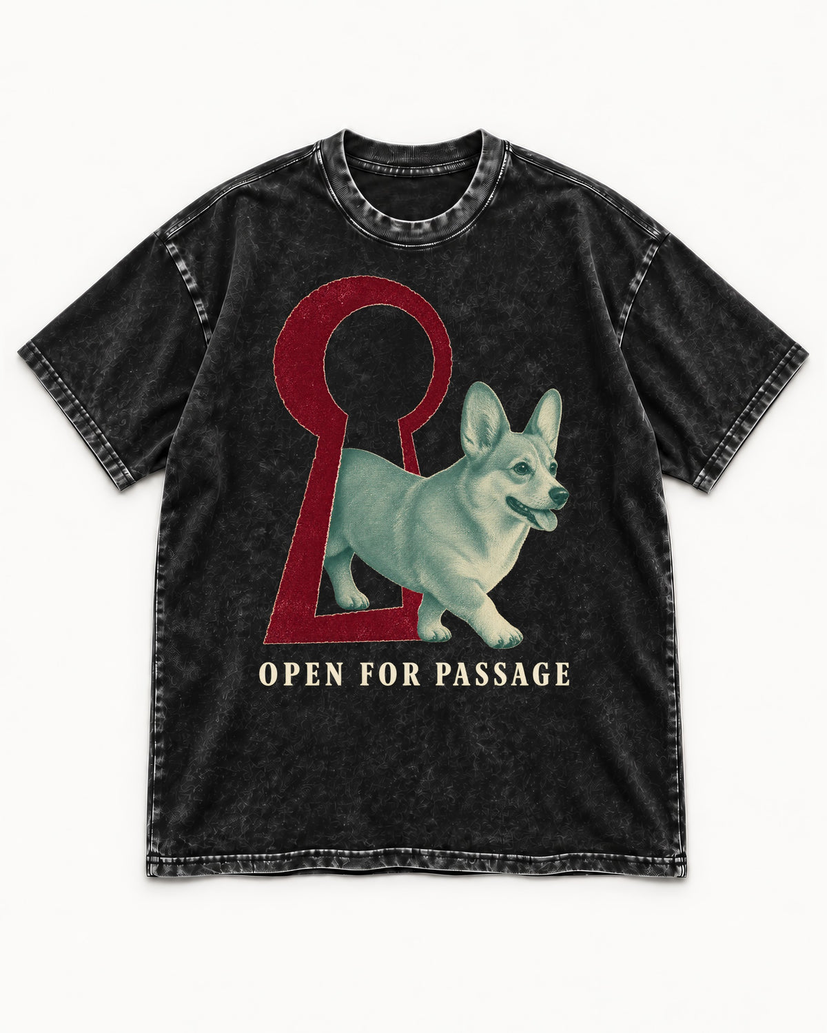 Corgi Open for Passage Keyhole Graphic Washed Tee in Black, flat lay product photo