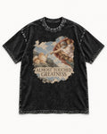Pomeranian Almost Touched Greatness Fresco Graphic Washed Tee in Black, flat lay product photo