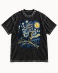 Dachshund Sleeping Town Loud Sky Starry Night Graphic Washed Tee in Black, flat lay product photo