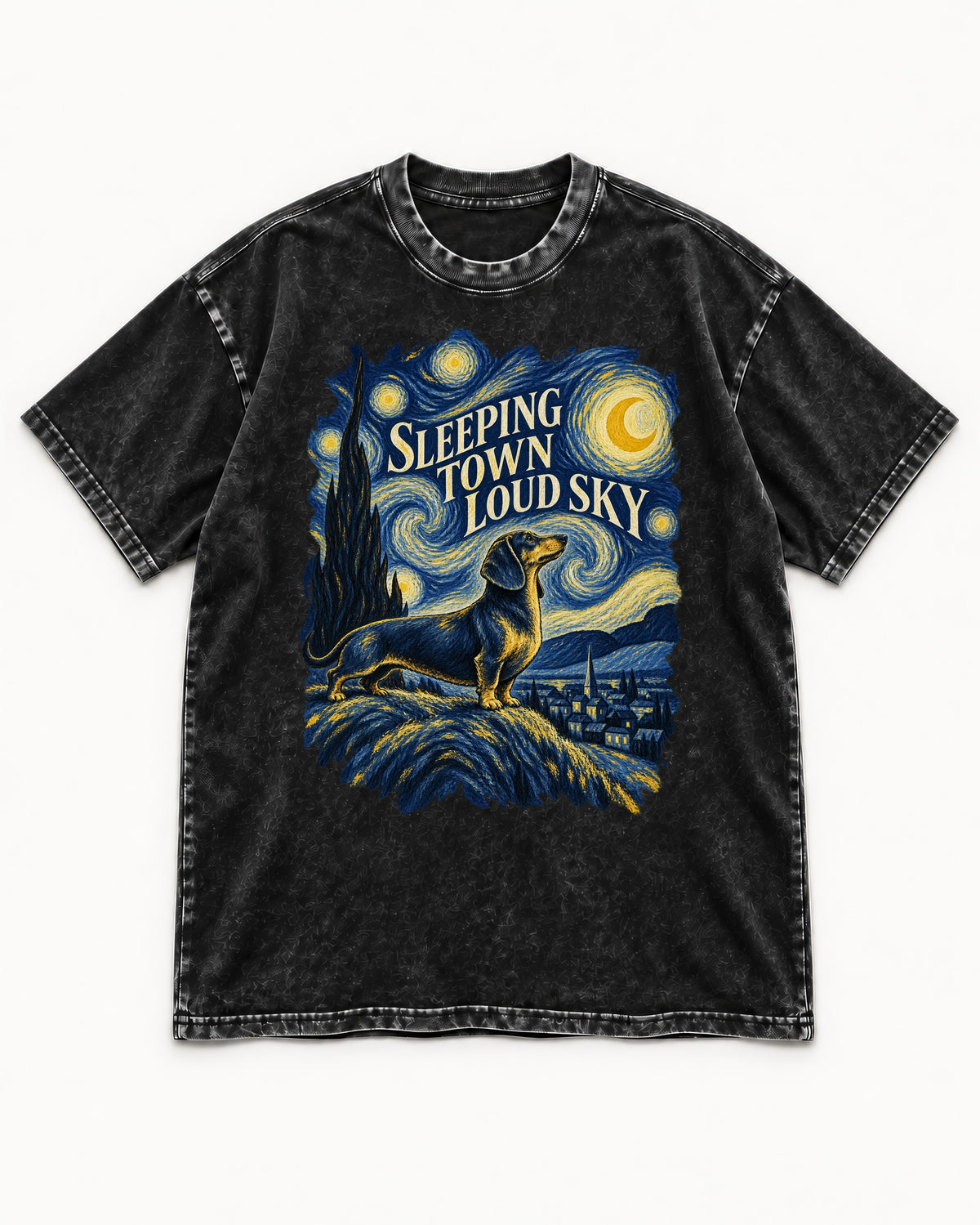 Dachshund Sleeping Town Loud Sky Starry Night Graphic Washed Tee in Black, flat lay product photo