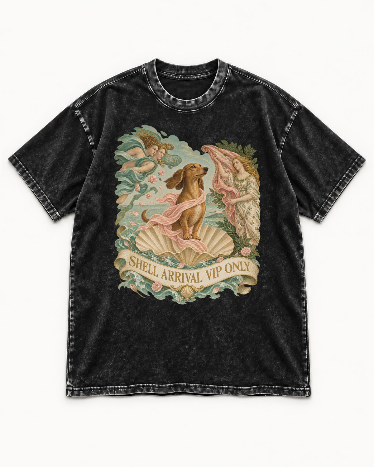 Dachshund Shell Arrival VIP Only Venus Parody Graphic Washed Tee in Black, flat lay product photo