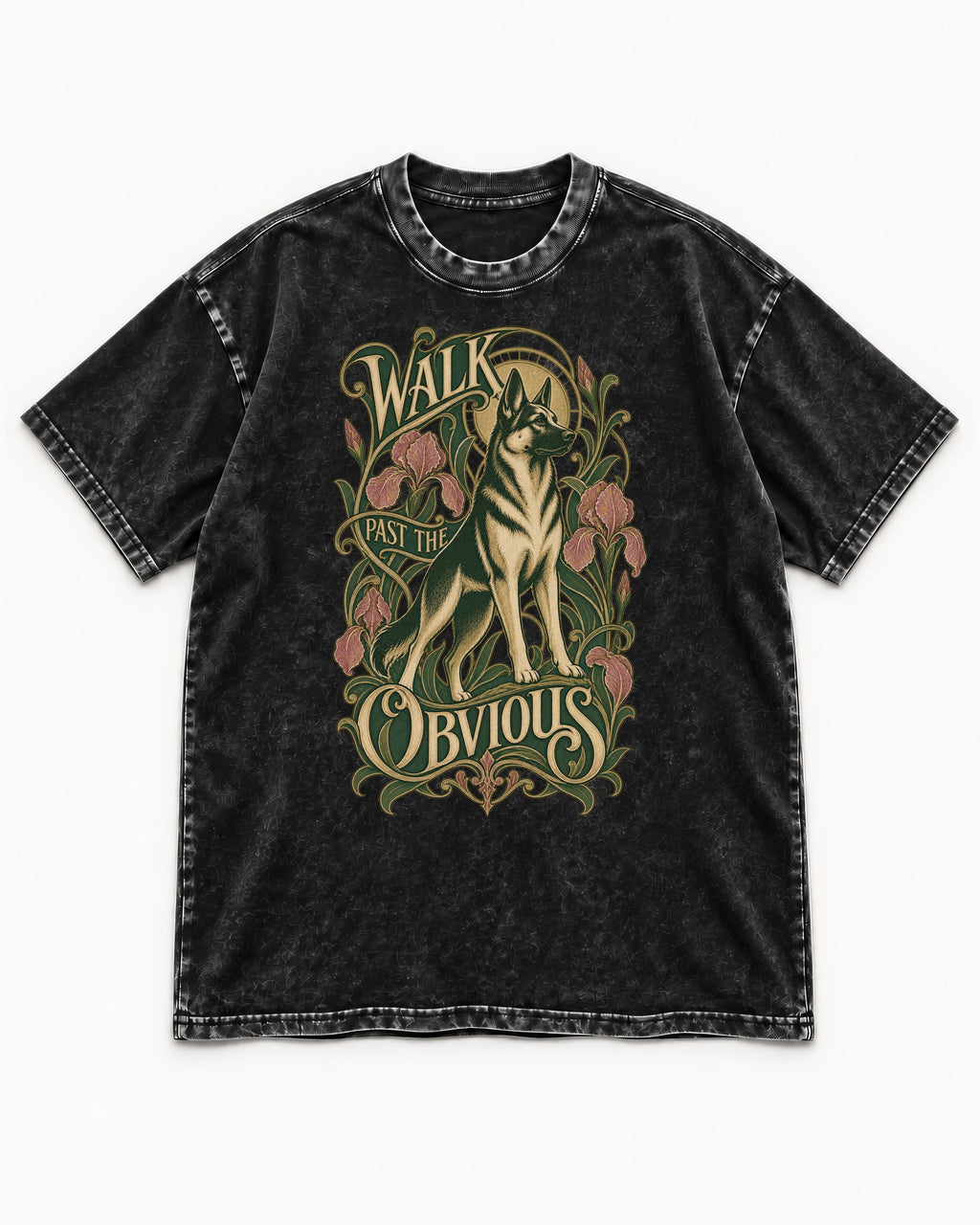 Walk Past The Obvious Art Nouveau German Shepherd Dog Graphic Washed Tee in Black, flat lay product photo