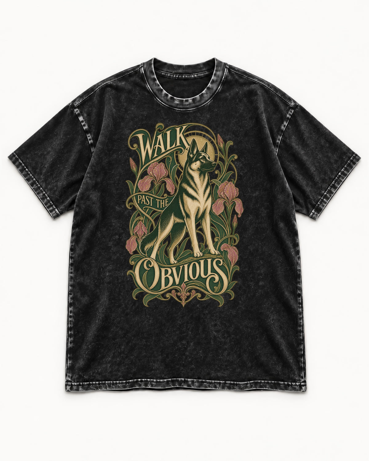 Walk Past The Obvious Art Nouveau German Shepherd Dog Graphic Washed Tee in Black, flat lay product photo