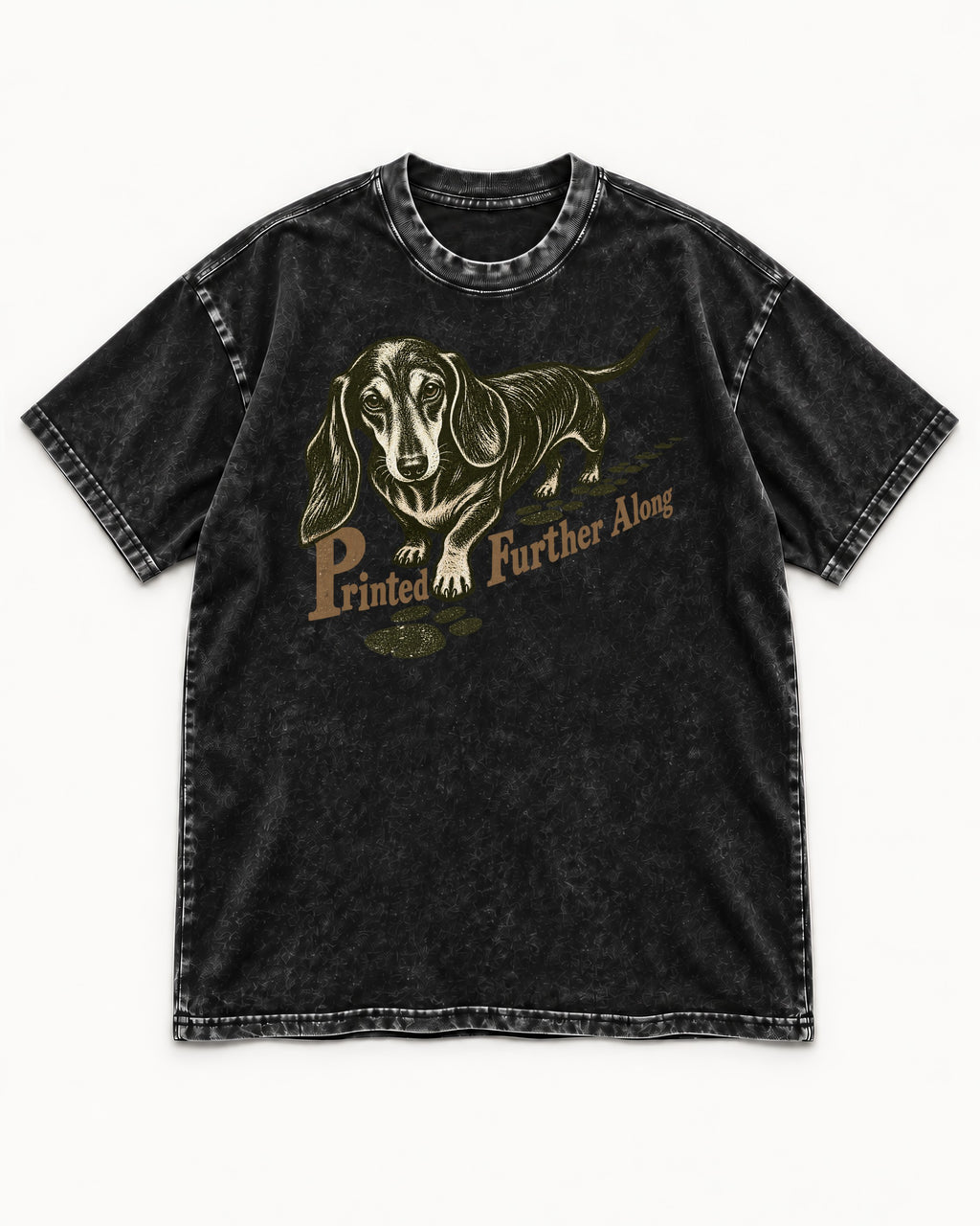 Dachshund Printed Further Along Footprint Graphic Washed Tee in Black, flat lay product photo