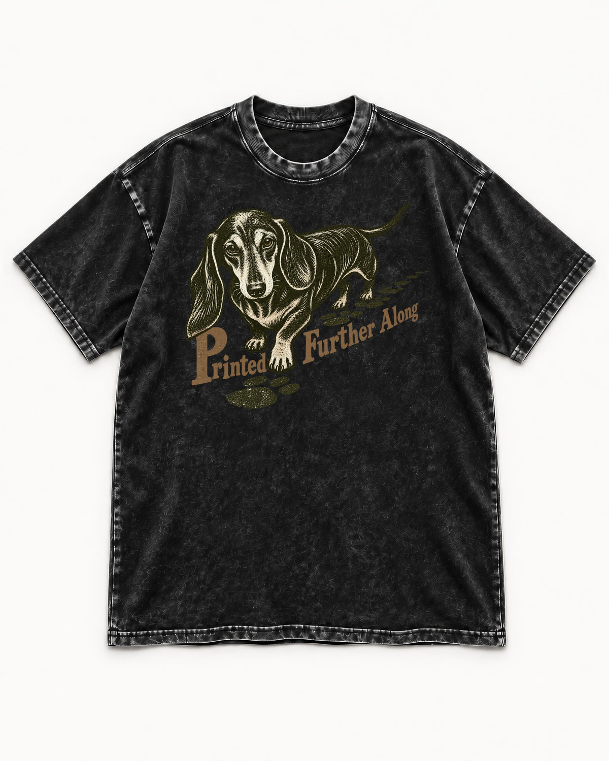Dachshund Printed Further Along Footprint Graphic Washed Tee in Black, flat lay product photo