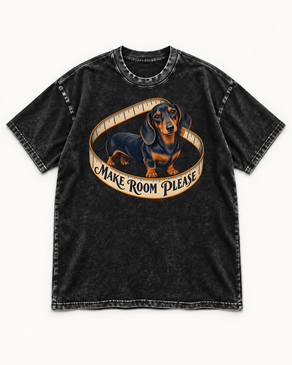 Dachshund Make Room Please Measuring Tape Graphic Washed Tee in Black, flat lay product photo