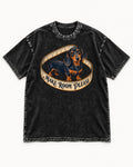 Dachshund Make Room Please Measuring Tape Graphic Washed Tee in Black, flat lay product photo