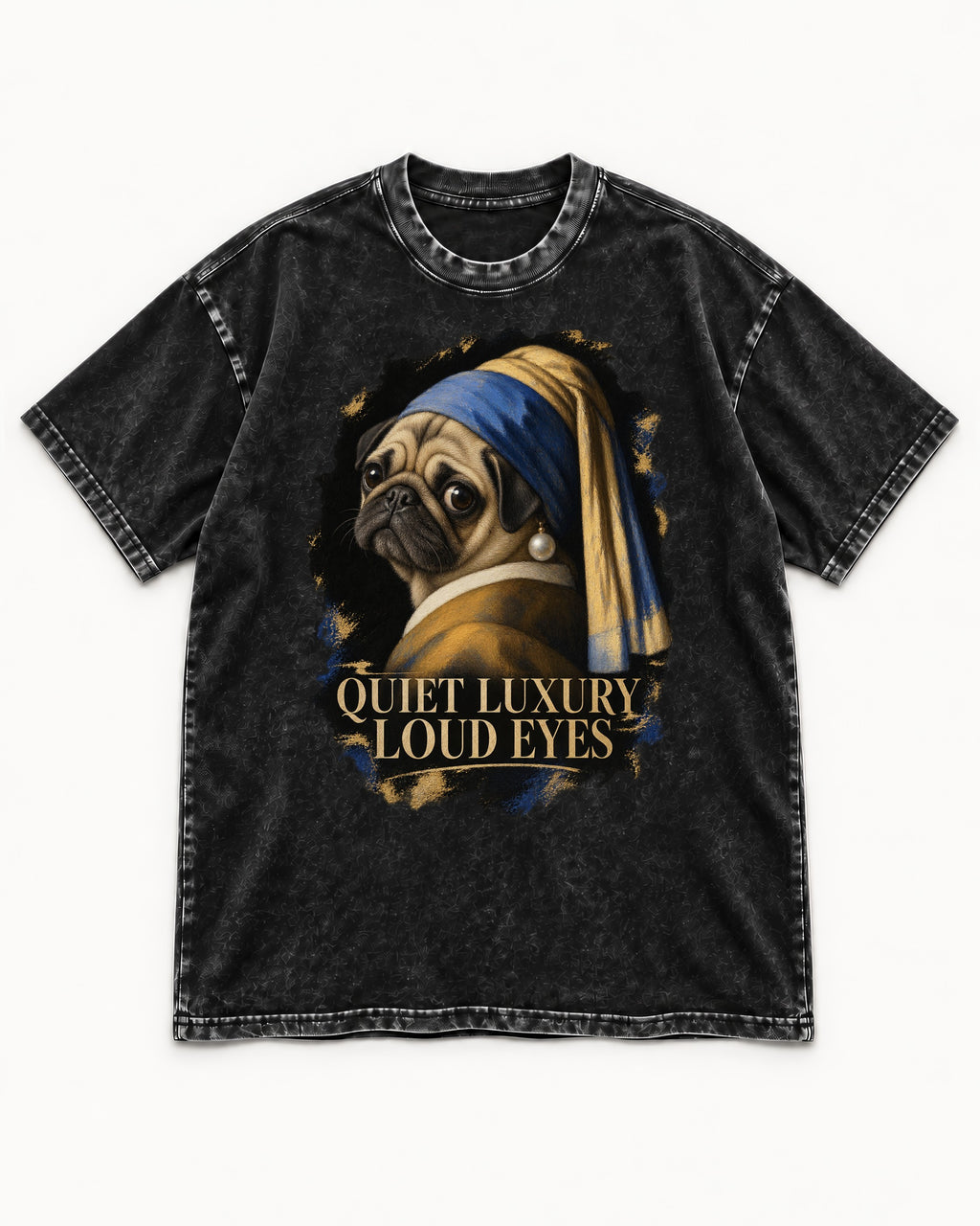 Pug Quiet Luxury Loud Eyes Pearl Portrait Graphic Washed Tee in Black, flat lay product photo