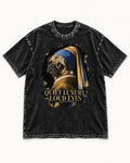 Pug Quiet Luxury Loud Eyes Pearl Portrait Graphic Washed Tee in Black, flat lay product photo