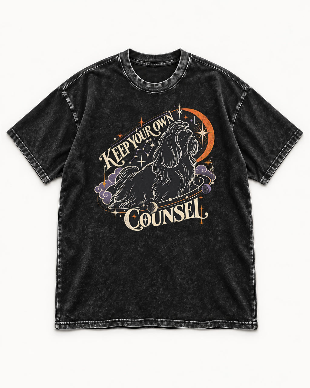 Shih Tzu Keep Your Own Counsel Celestial Graphic Washed Tee in Black, flat lay product photo