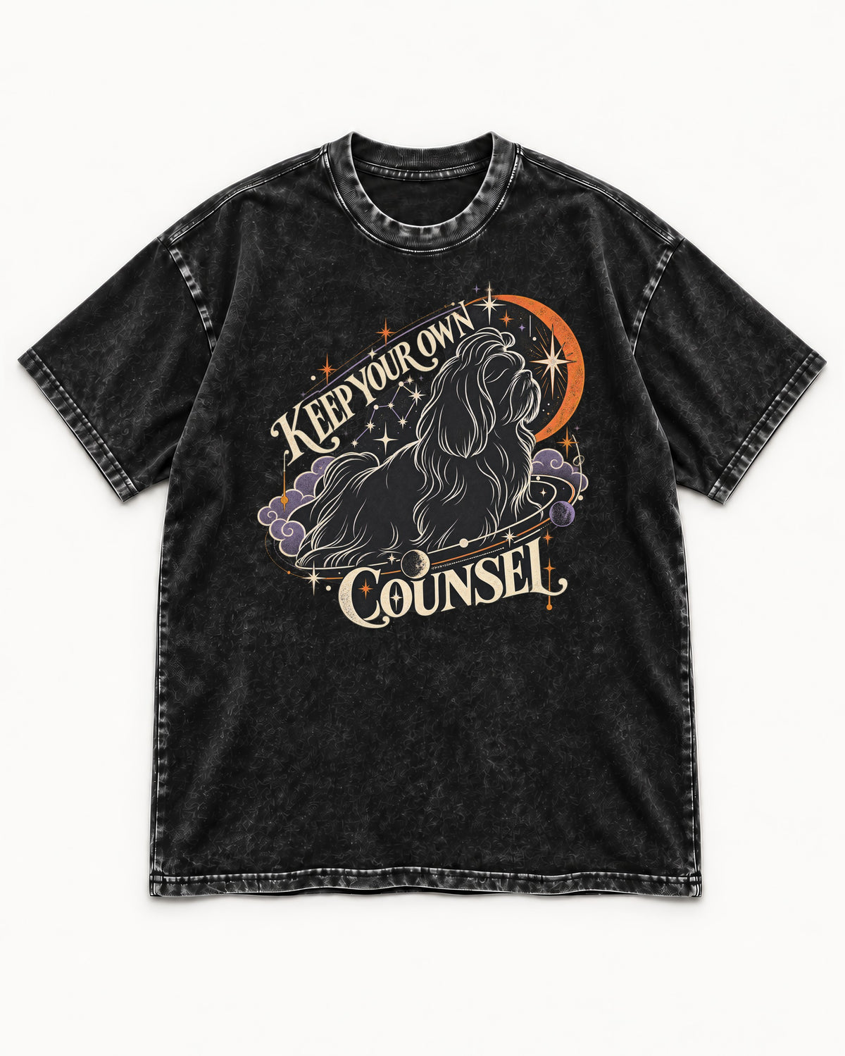 Shih Tzu Keep Your Own Counsel Celestial Graphic Washed Tee in Black, flat lay product photo