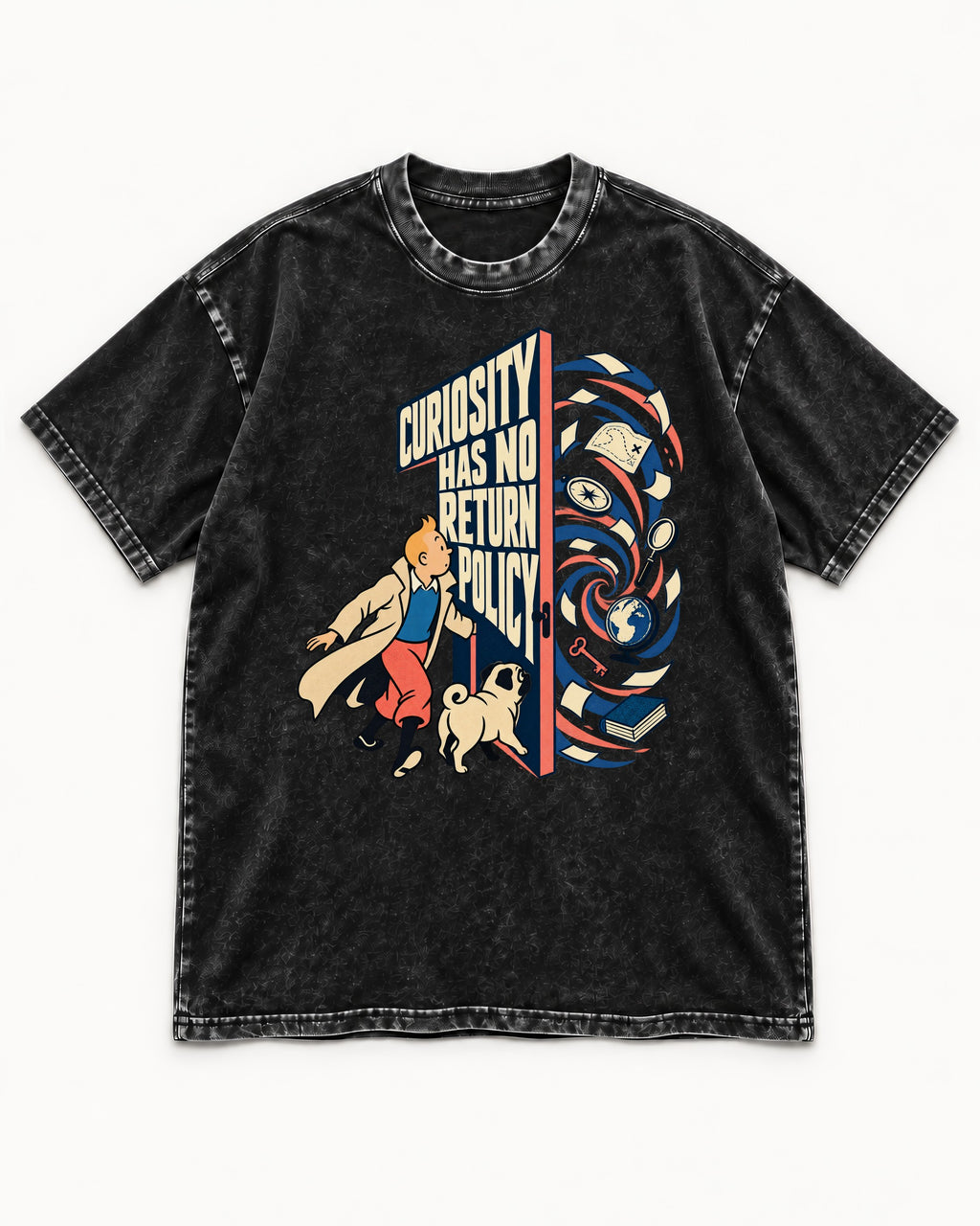 Pug Curiosity Has No Return Policy Portal Graphic Washed Tee in Black, flat lay product photo