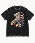 Pug Curiosity Has No Return Policy Portal Graphic Washed Tee in Black, flat lay product photo