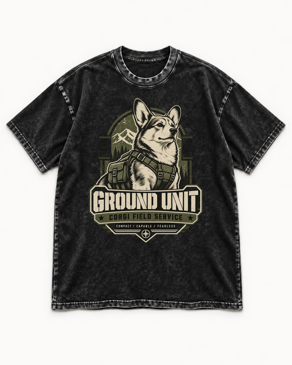 Corgi Ground Unit Field Service Badge Washed Tee in Black, flat lay product photo