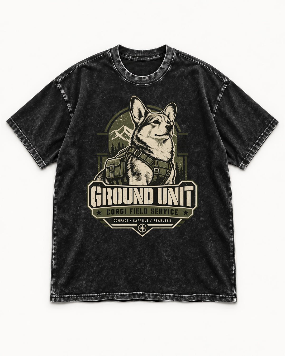 Corgi Ground Unit Field Service Badge Washed Tee in Black, flat lay product photo