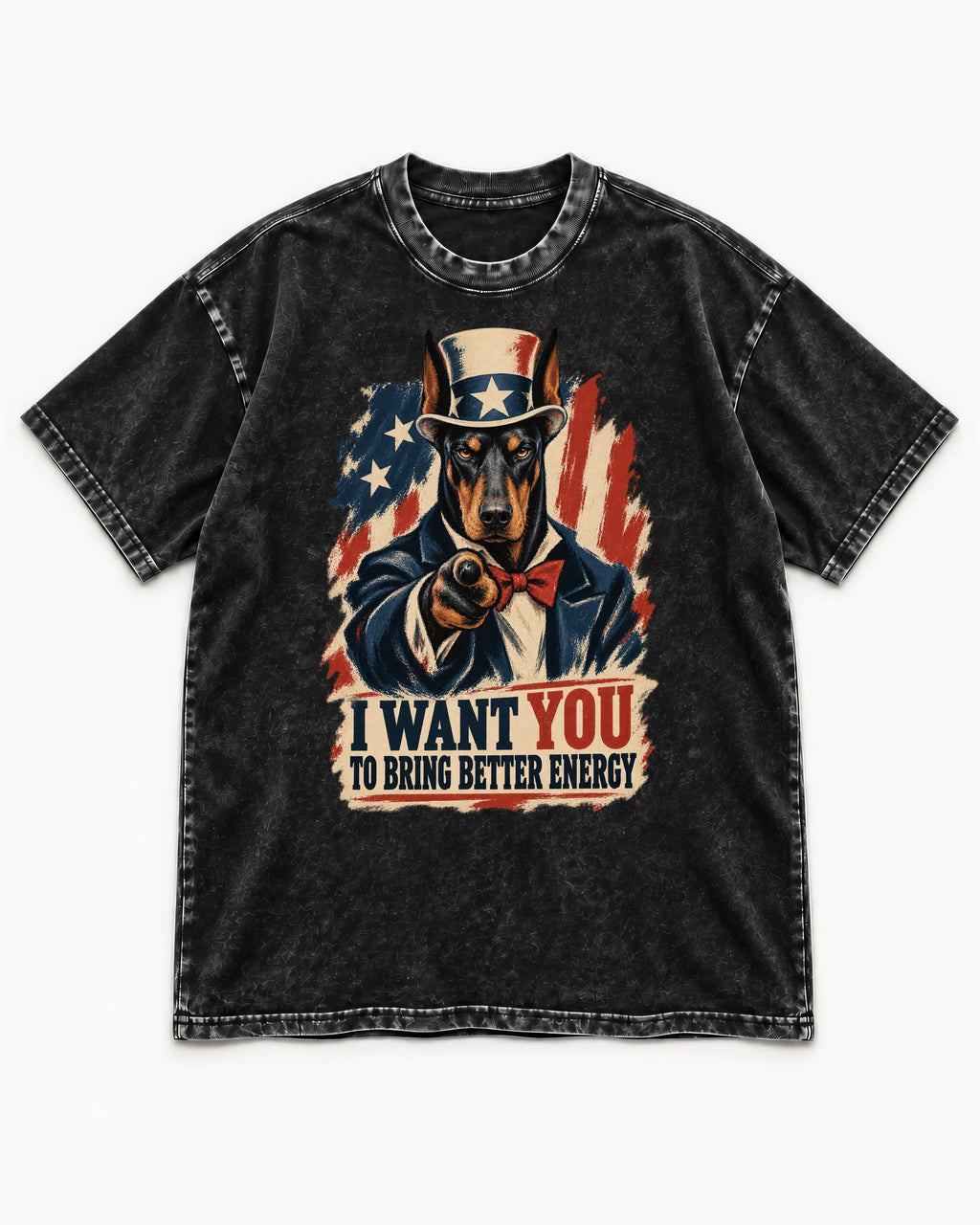 Doberman I Want You to Bring Better Energy Uncle Sam Graphic Washed Tee in Black, flat lay product photo