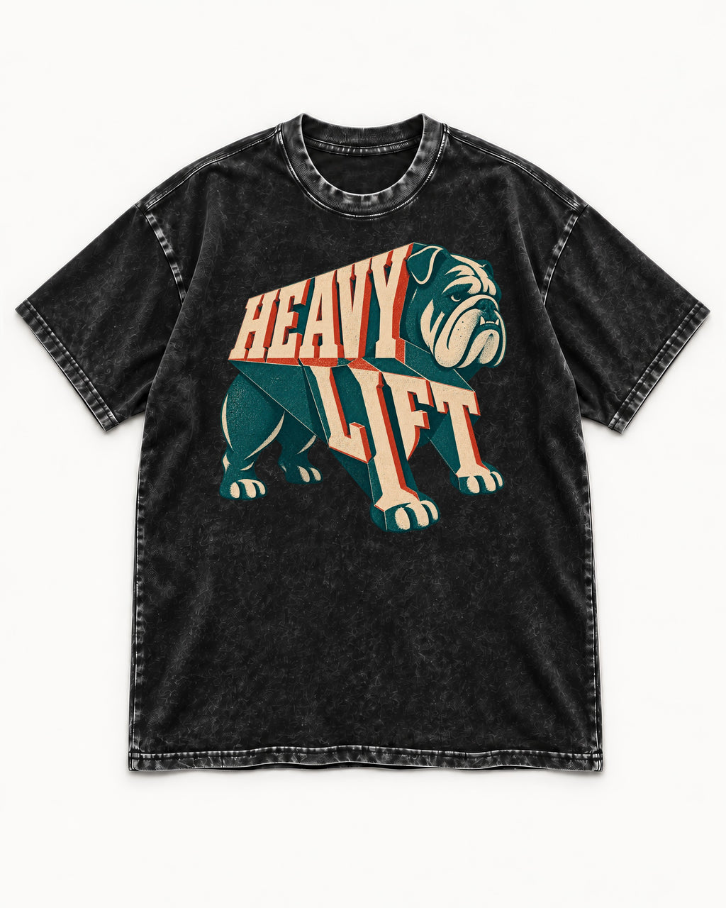 English Bulldog Heavy Lift Dimensional Type Washed Tee in Black, flat lay product photo