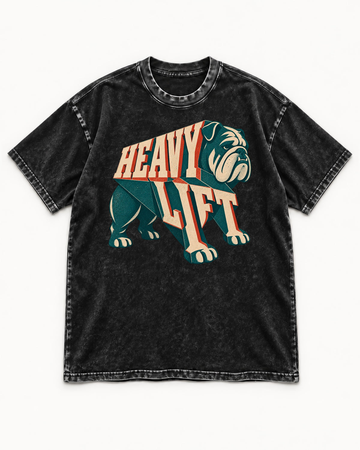 English Bulldog Heavy Lift Dimensional Type Washed Tee in Black, flat lay product photo