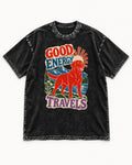 Labrador Retriever Good Energy Travels Adventure Graphic Washed Tee in Black, flat lay product photo