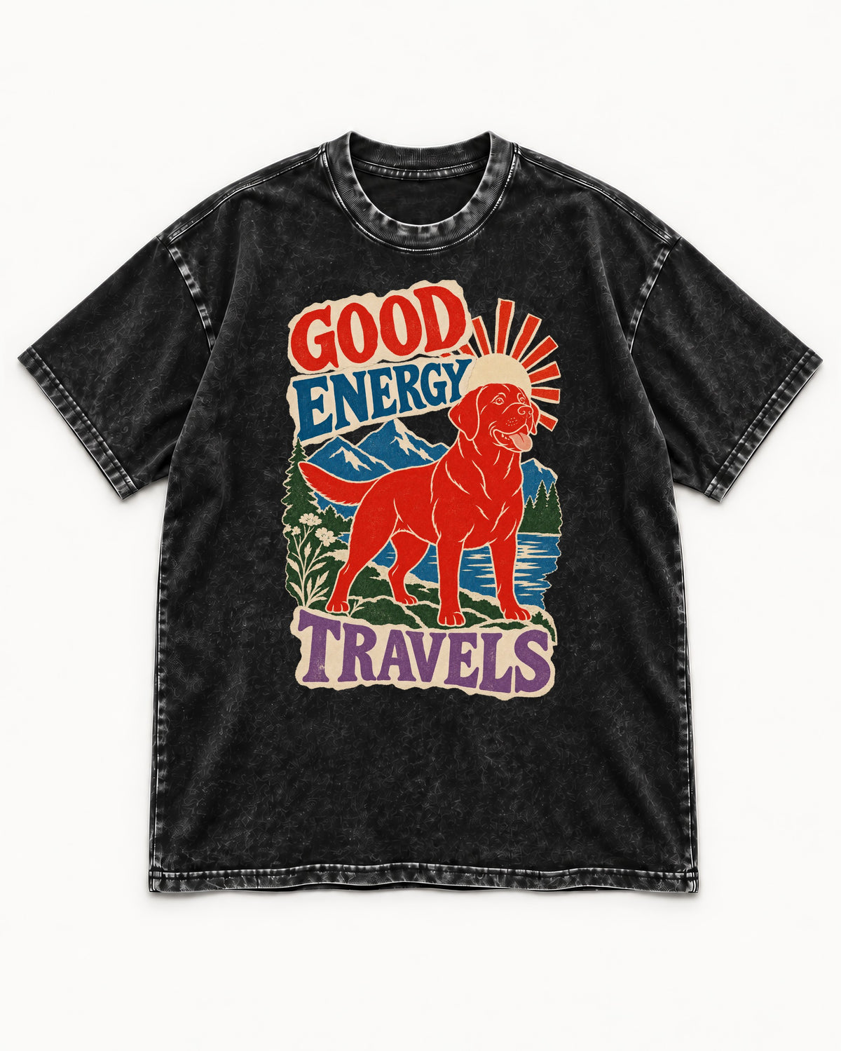 Labrador Retriever Good Energy Travels Adventure Graphic Washed Tee in Black, flat lay product photo