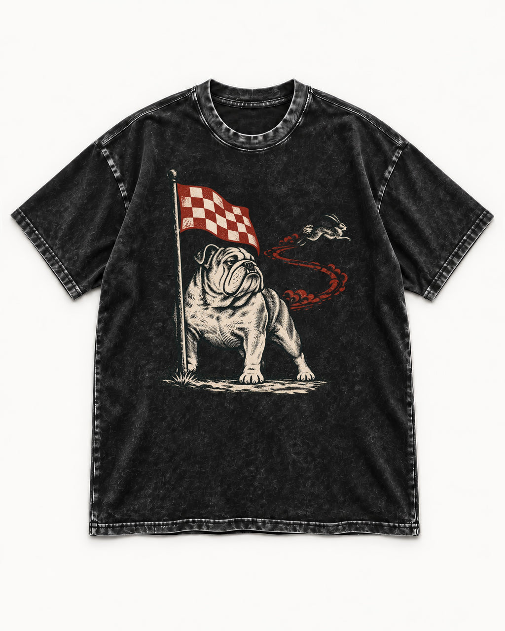 English Bulldog Checkered Flag Rabbit Chase Washed Tee in Black, flat lay product photo