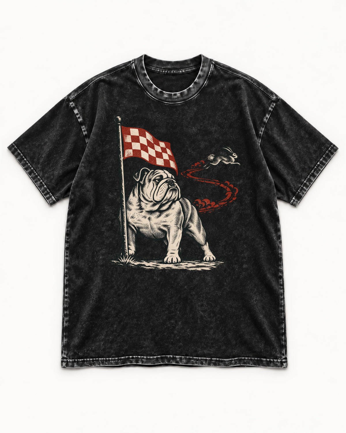 English Bulldog Checkered Flag Rabbit Chase Washed Tee in Black, flat lay product photo