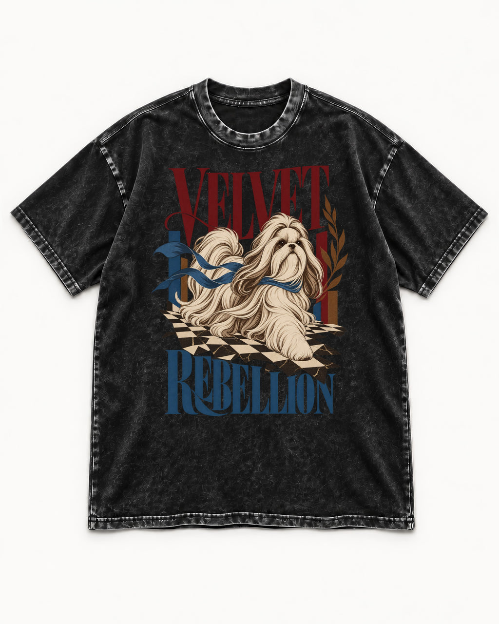 Shih Tzu Velvet Rebellion Checkerboard Graphic Washed Tee in Black, flat lay product photo