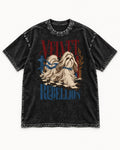 Shih Tzu Velvet Rebellion Checkerboard Graphic Washed Tee in Black, flat lay product photo