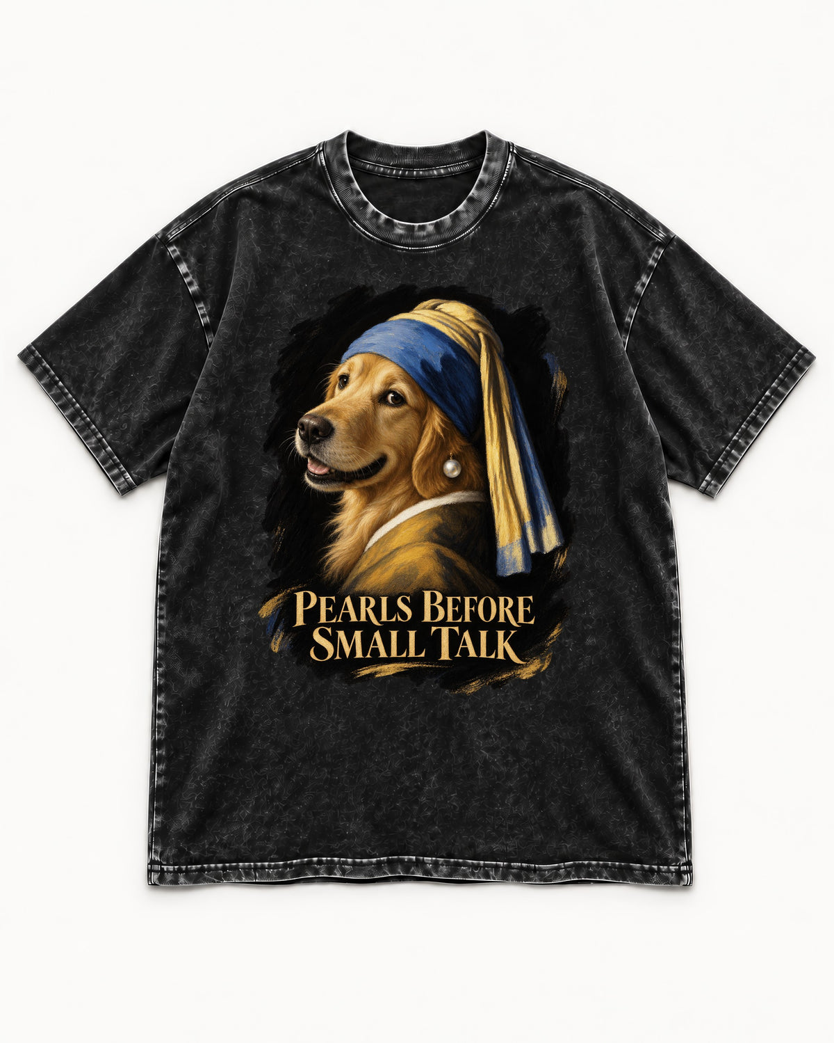 Pearls Before Small Talk Pearl Portrait Golden Retriever Graphic Washed Tee in Black, flat lay product photo