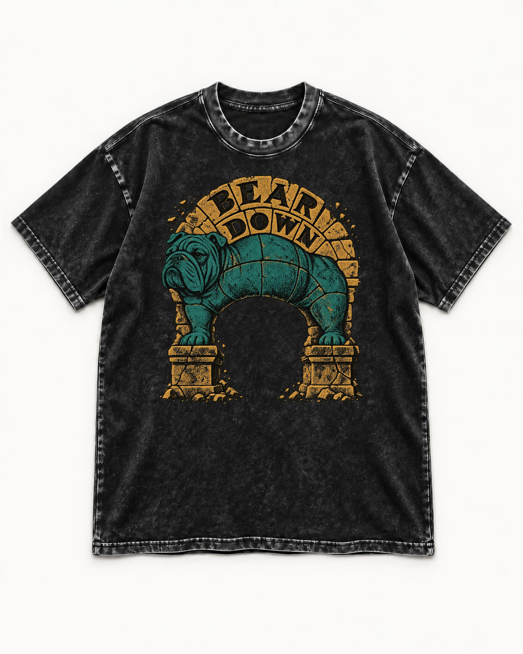 English Bulldog Bear Down Stone Arch Graphic Washed Tee in Black, flat lay product photo