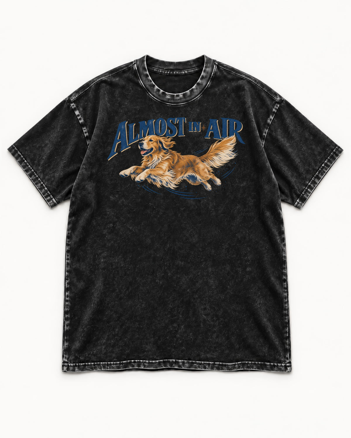 Golden Retriever Almost in Air Flying Graphic Washed Tee in Black, flat lay product photo