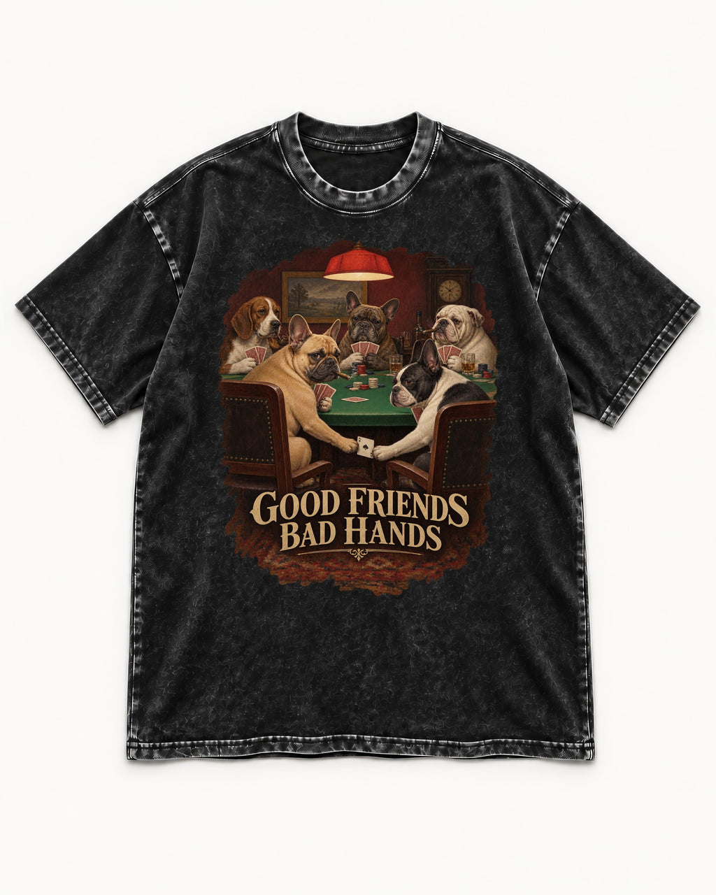 Frenchie Good Friends Bad Hands Poker Graphic Washed Tee in Black, flat lay product photo