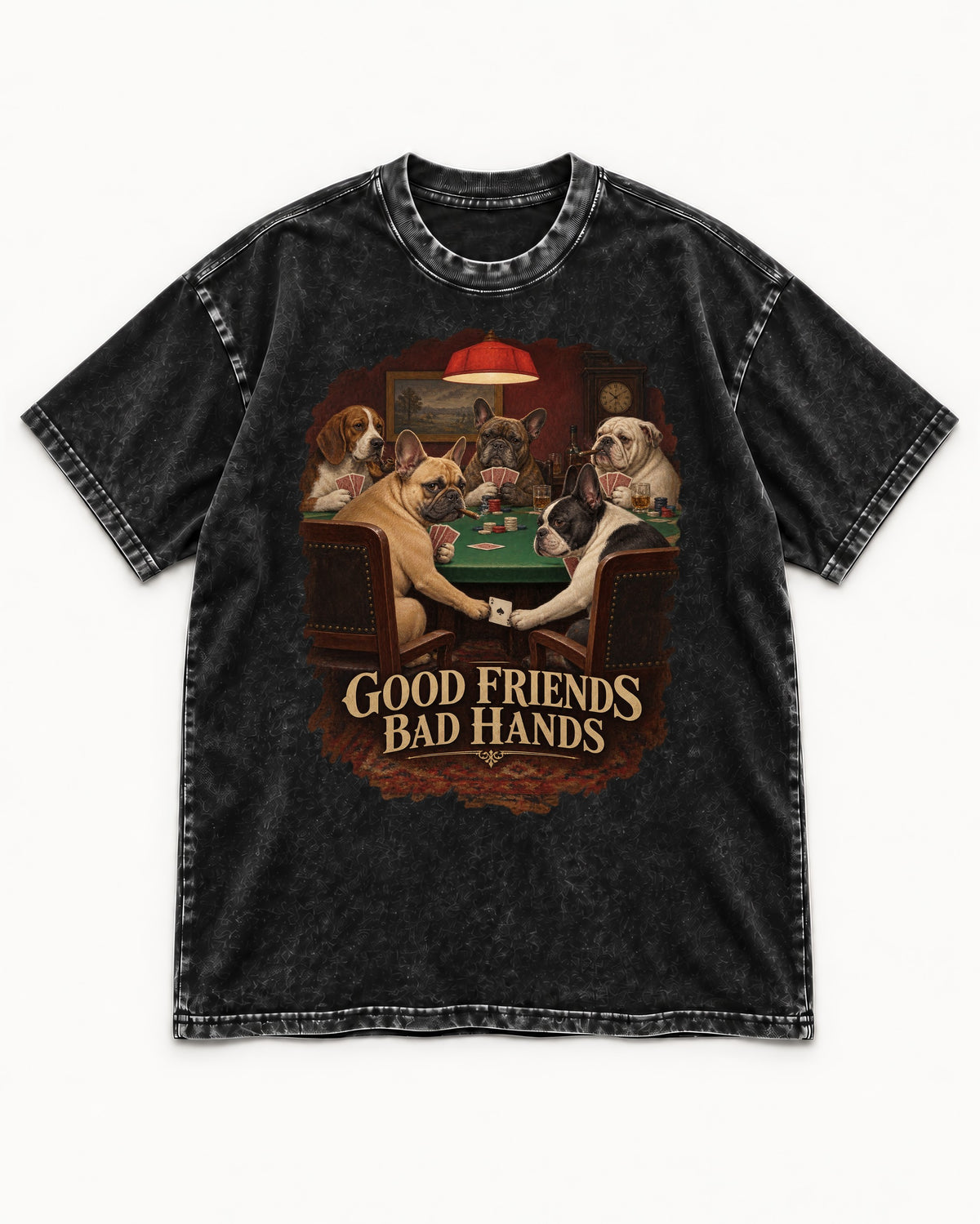 Frenchie Good Friends Bad Hands Poker Graphic Washed Tee in Black, flat lay product photo