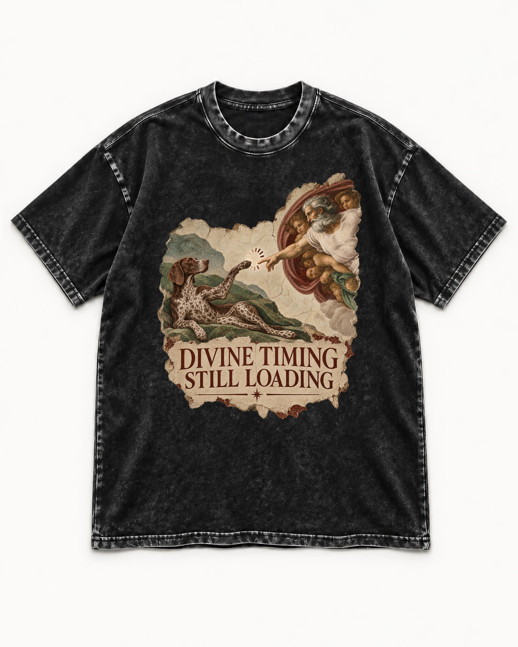 German Shorthaired Pointer Divine Timing Still Loading Creation Scene Graphic Washed Tee in Black, flat lay product photo