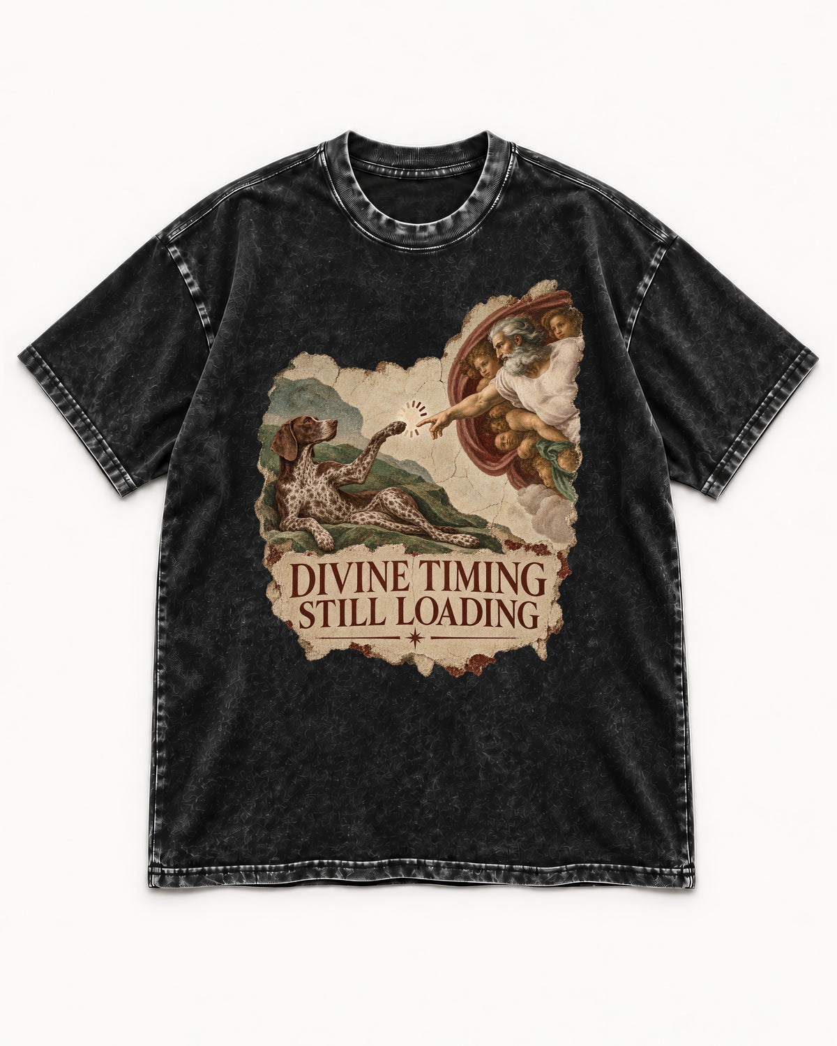 German Shorthaired Pointer Divine Timing Still Loading Creation Scene Graphic Washed Tee in Black, flat lay product photo