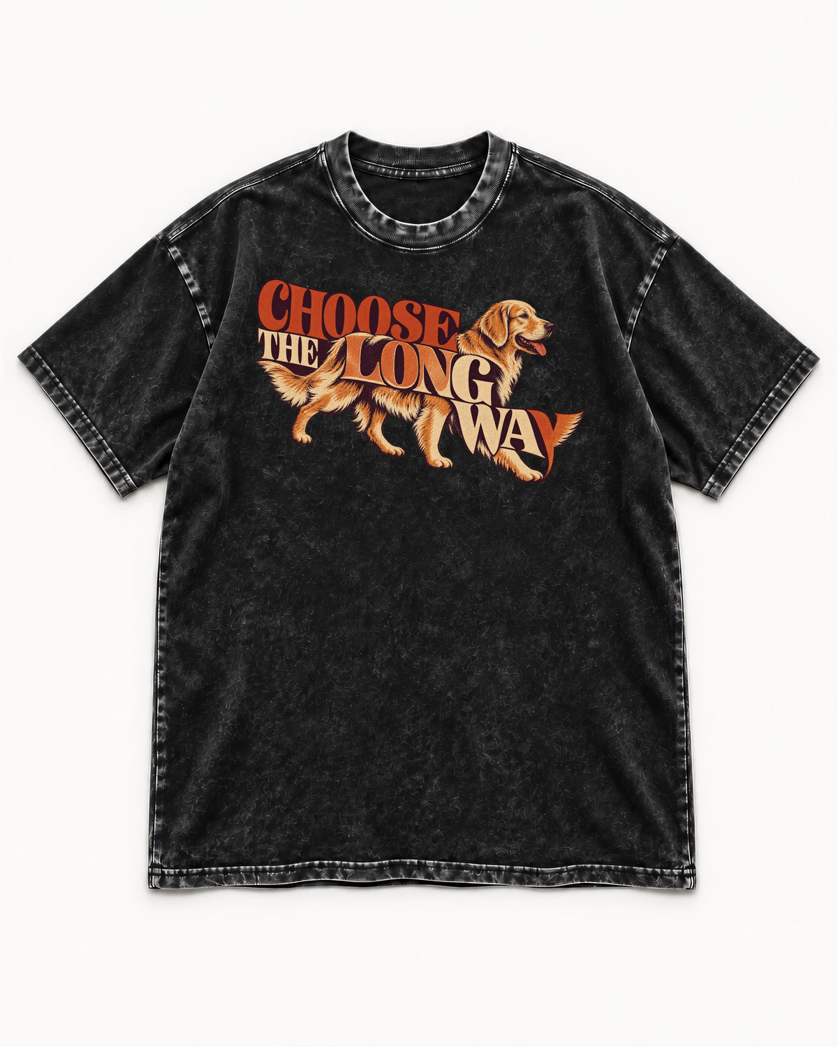 Golden Retriever Choose The Long Way Retro Graphic Washed Tee in Black, flat lay product photo