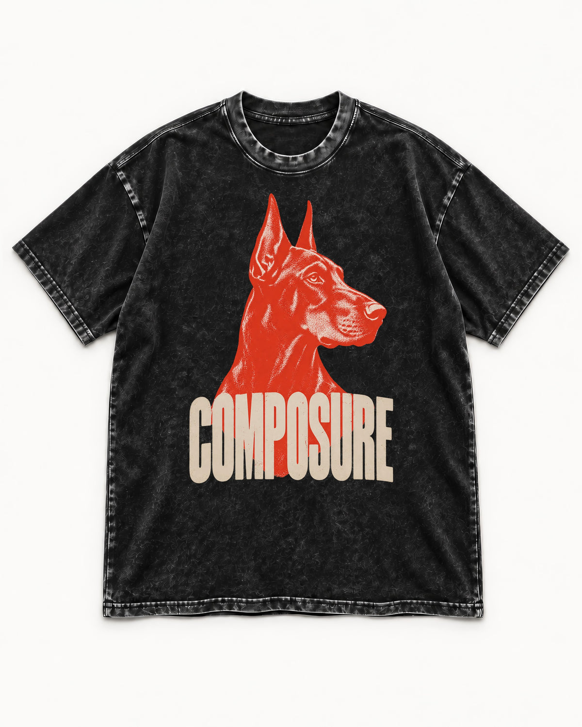 Doberman Composure Portrait Graphic Washed Tee in Black, flat lay product photo