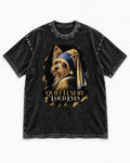 Yorkshire Terrier Quiet Luxury Loud Eyes Pearl Portrait Graphic Washed Tee in Black, flat lay product photo