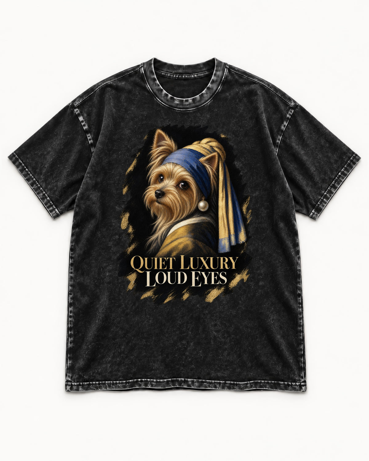 Yorkshire Terrier Quiet Luxury Loud Eyes Pearl Portrait Graphic Washed Tee in Black, flat lay product photo