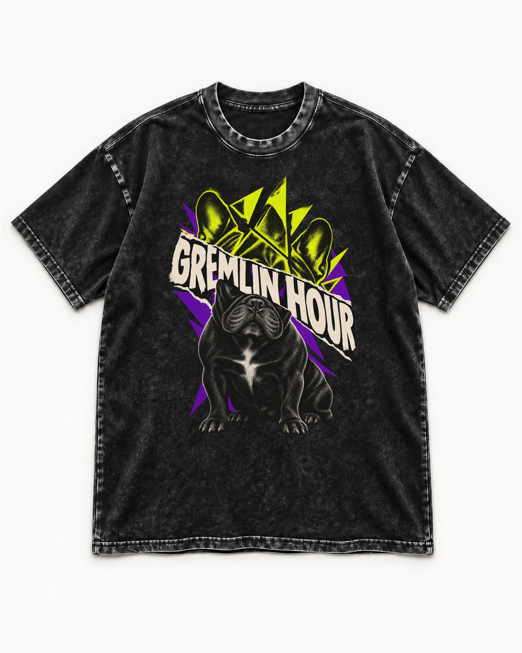 Frenchie Gremlin Hour Fracture Portrait Graphic Washed Tee in Black, flat lay product photo