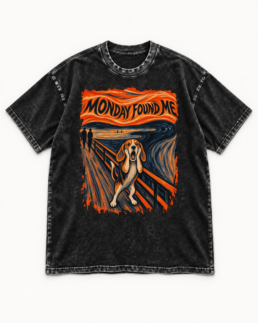 Monday Found Me Beagle Scream Scene Washed Tee in Black, flat lay product photo