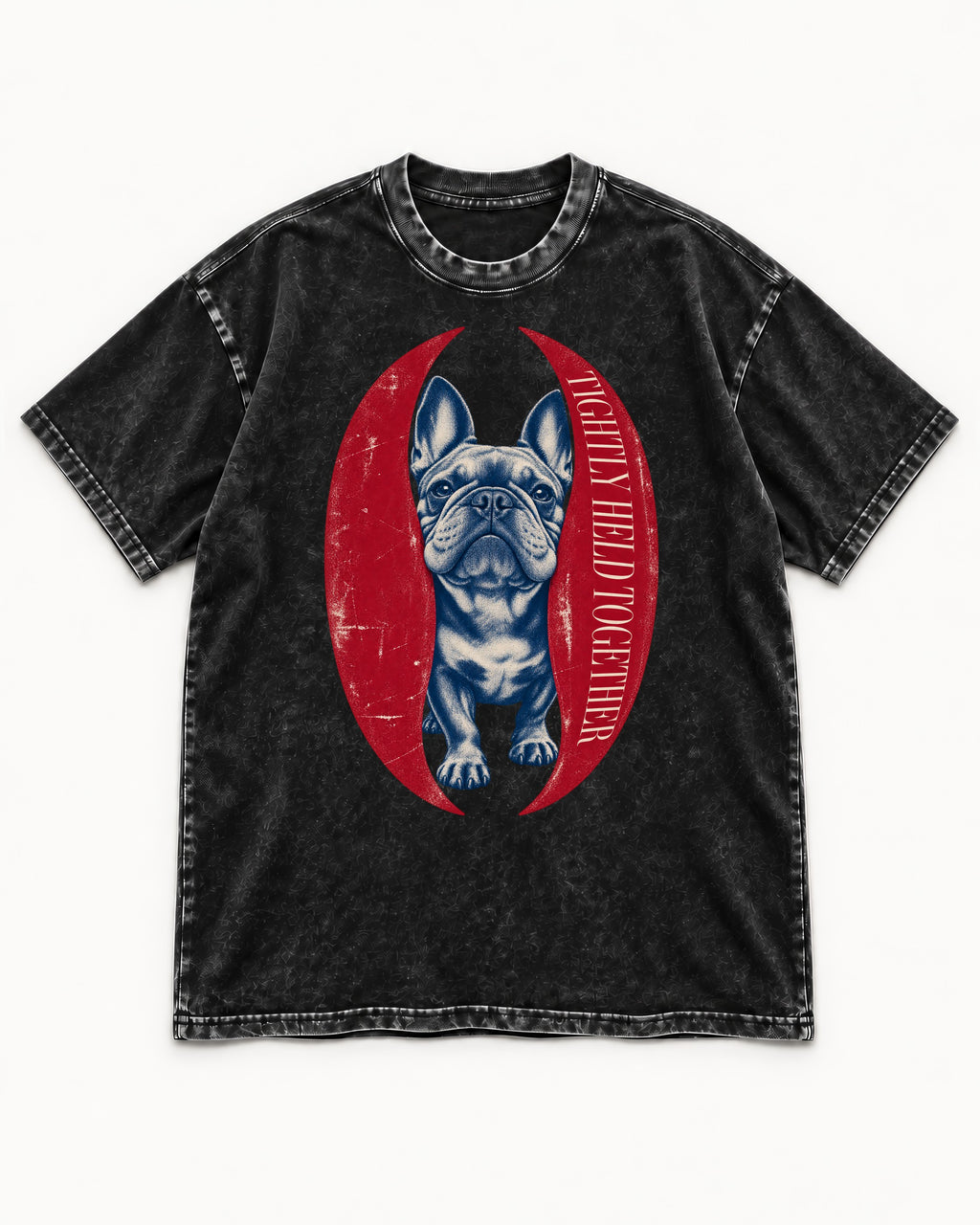 Frenchie Tightly Held Together Red Oval Graphic Washed Tee in Black, flat lay product photo