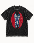 Frenchie Tightly Held Together Red Oval Graphic Washed Tee in Black, flat lay product photo