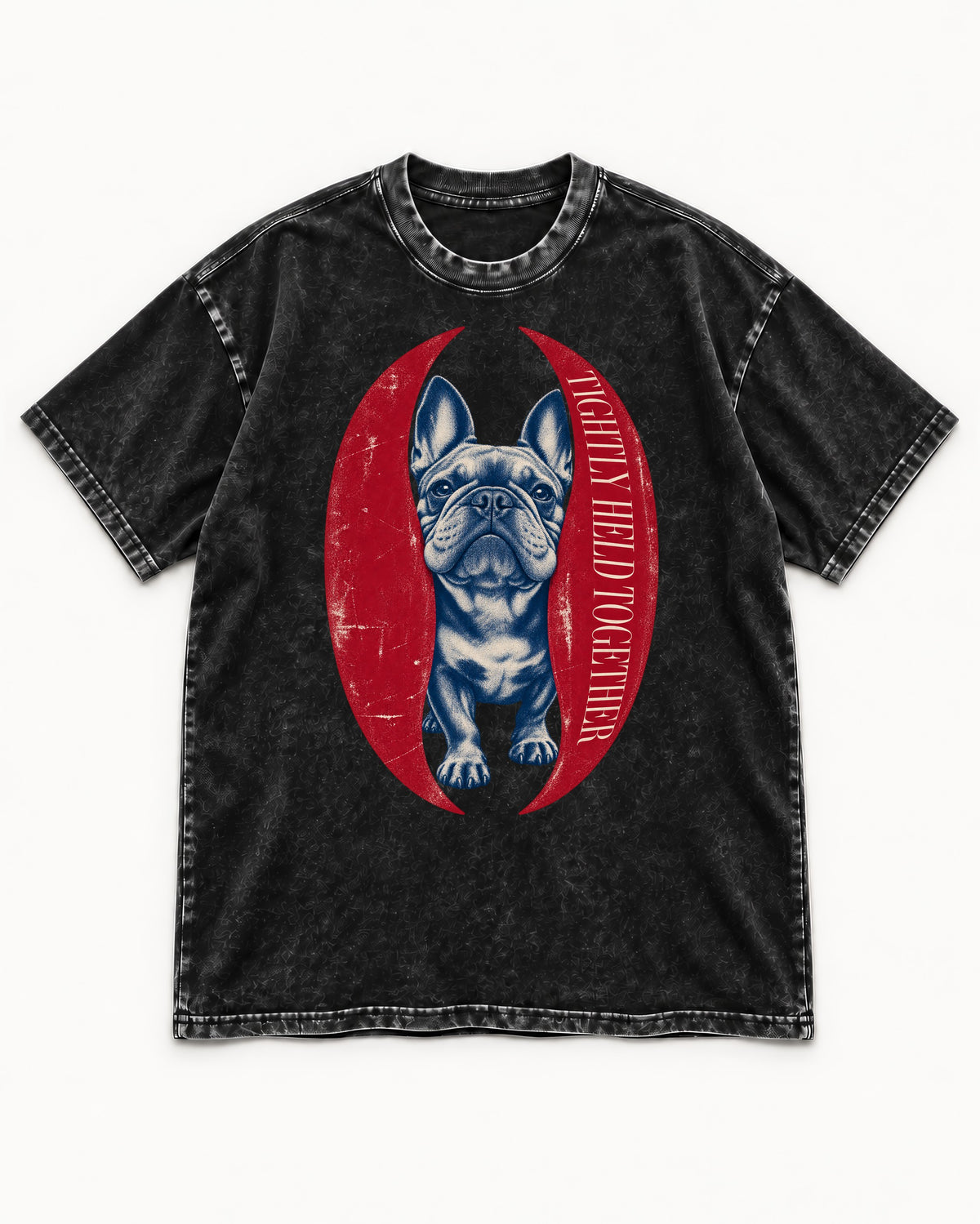 Frenchie Tightly Held Together Red Oval Graphic Washed Tee in Black, flat lay product photo