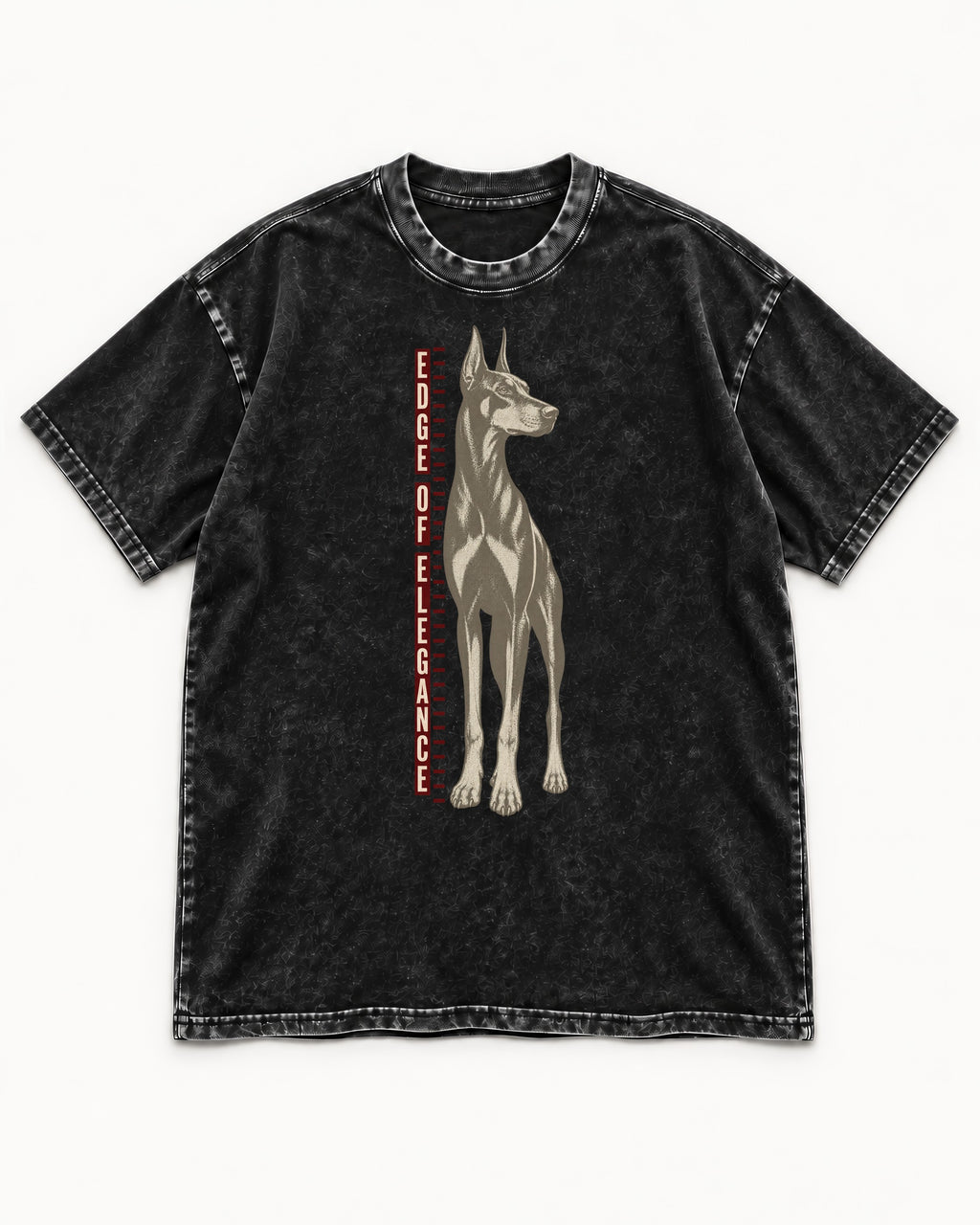 Doberman Edge of Elegance Height Chart Graphic Washed Tee in Black, flat lay product photo