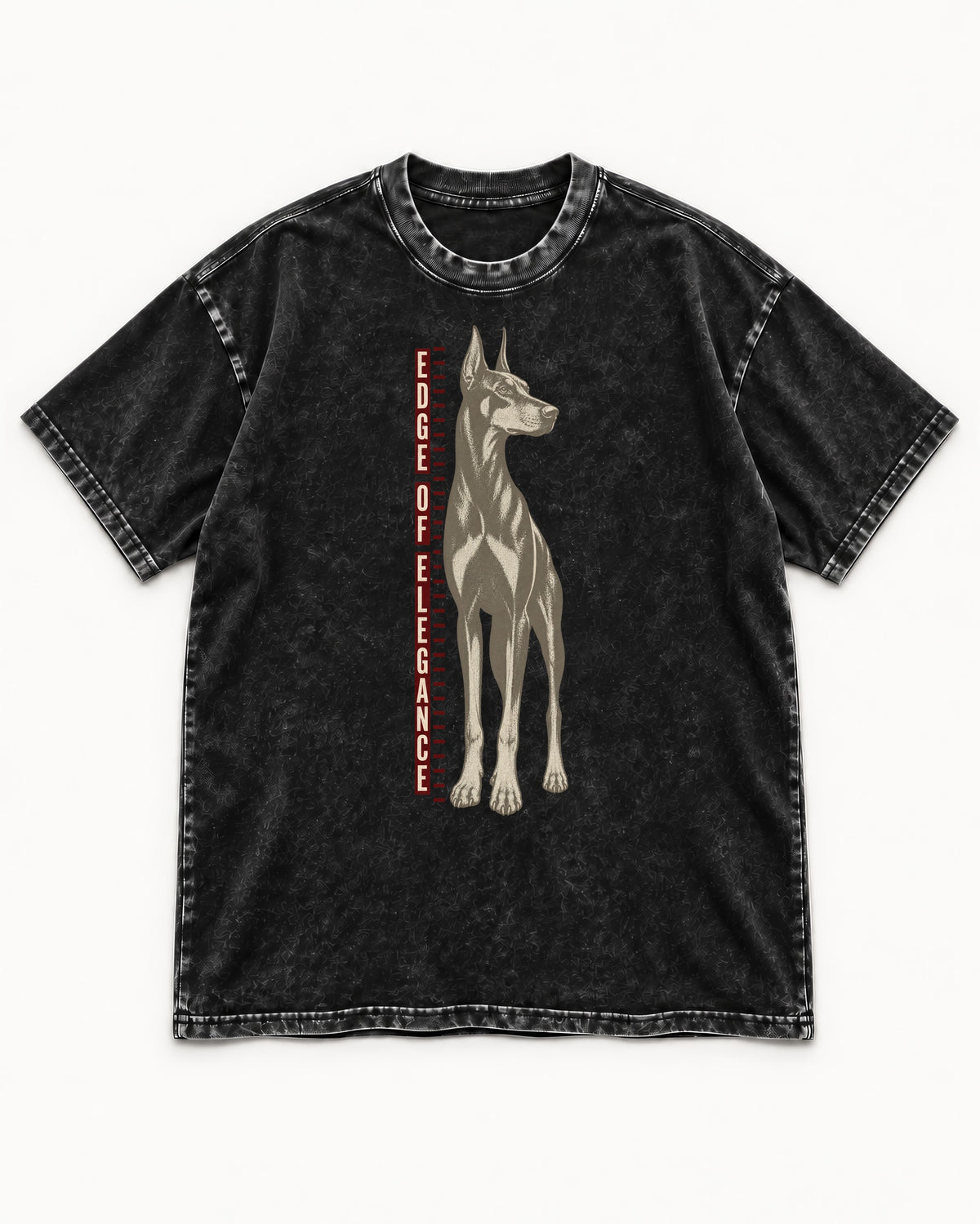 Doberman Edge of Elegance Height Chart Graphic Washed Tee in Black, flat lay product photo