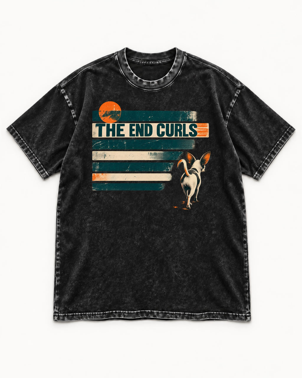 Chihuahua The End Curls Retro Stripe Graphic Washed Tee in Black, flat lay product photo